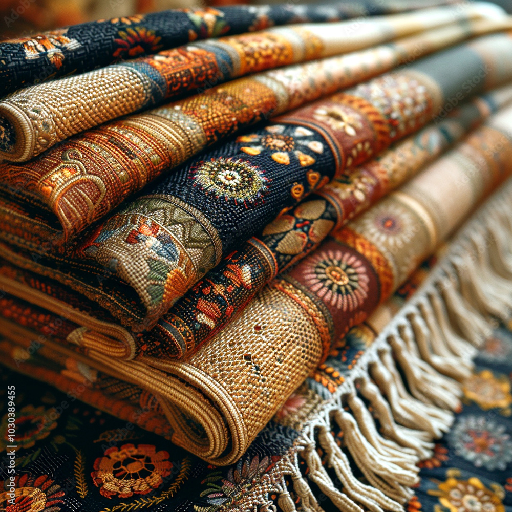 Poster elegant handcrafted textiles stacked beautifully, showcasing intricate patterns and colors