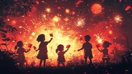 Fototapeta premium A joyful scene of children playing with firecrackers, their faces illuminated by the sparks, holding red envelopes, all rendered in detailed red paper-cut style with intricate patterns of flowers,