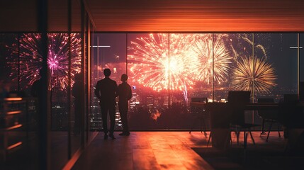 Team Celebrating Annual Goals with Fireworks Display