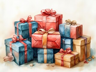 Obraz premium a beautifully illustrated stack of gifts in watercolor, adorned with ribbons and bows, set against a soft background, capturing the spirit of giving and celebration for special occasions