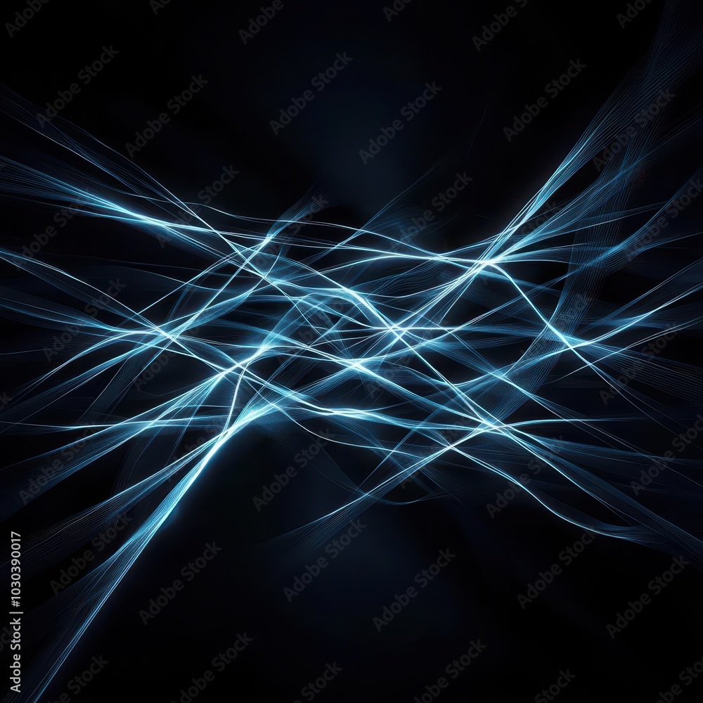 Poster a dynamic, abstract image featuring intersecting blue light streaks against a dark background, creat