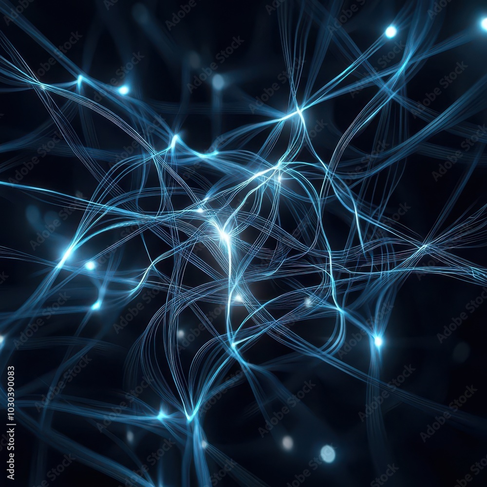 Poster an abstract representation of glowing blue lines intertwining against a dark background, evoking a s