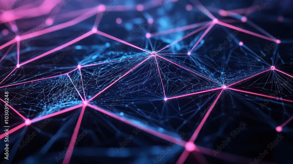 Poster a vibrant, abstract representation of a network, showcasing interconnected lines and nodes in pink a