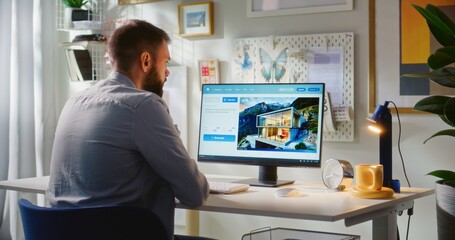 Adult man enters prompt in artificial intelligence app on PC. AI video generator generates detailed...