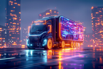 Futuristic truck glowing in neon lights amidst a vibrant cityscape at night, showcasing innovation and technology in transportation.