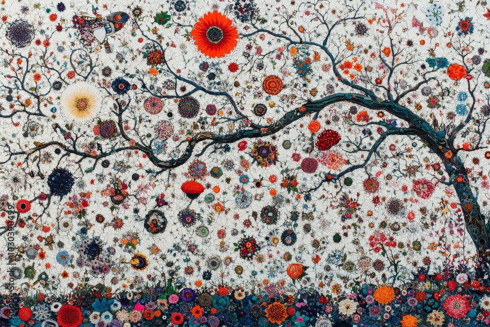 Poster abstract depiction of a tree with colorful circular patterns and intricate details symbolizing life 