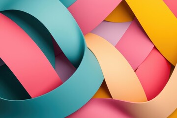 Colorful ribbons of turquoise, pink, yellow, and peach intertwine, creating a vibrant abstract pattern.