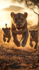 A lioness and her cubs running towards the camera, sunset