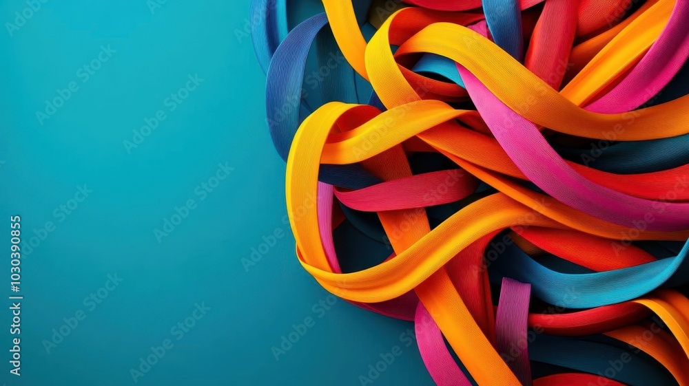 Poster a vibrant collection of colorful ribbons intertwined against a teal background, creating a dynamic a