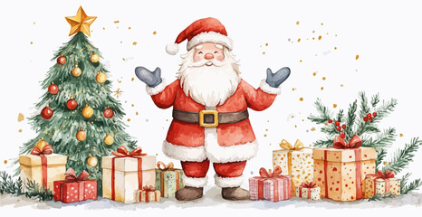 Santa Claus brings gifts, Christmas tree and presents