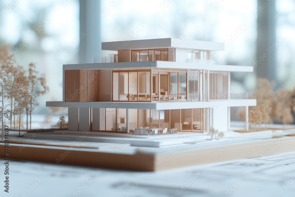 Poster architectural model in standard scale displayed over blueprint