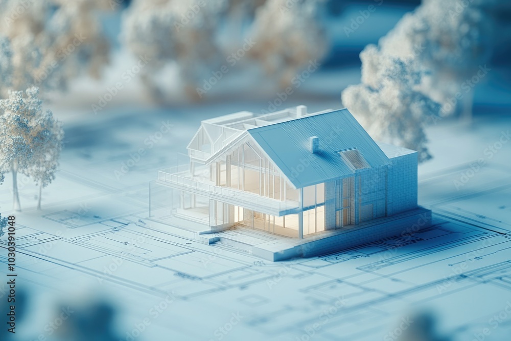 Aufkleber architectural model displayed over blueprint background