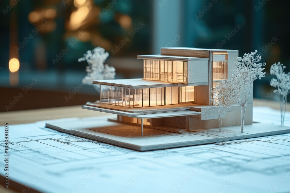 Poster detailed architectural model displayed over blueprint