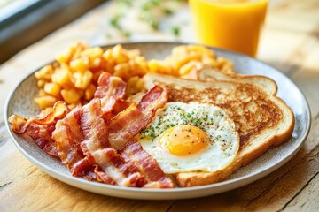 A classic American breakfast plate with scrambled eggs, crispy bacon, golden toast, and hash browns, with a glass of orange juice and a sunny window in the background
