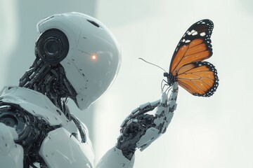 Futuristic Robot Gently Holds Butterfly