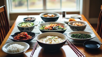 Vibrant Spread of Asian Cuisine on Rustic Table