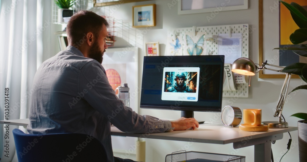 Fototapete back view of man entering prompt in ai image generator on computer. pc screen shows artificial intel