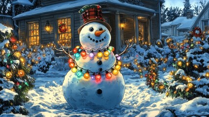 Obraz premium Glowing Snowman, Christmas lights