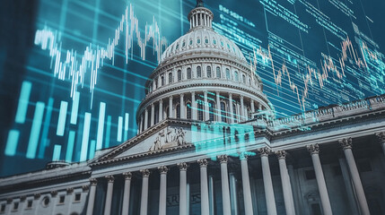 Capitol Building with stock market graphics overlay.