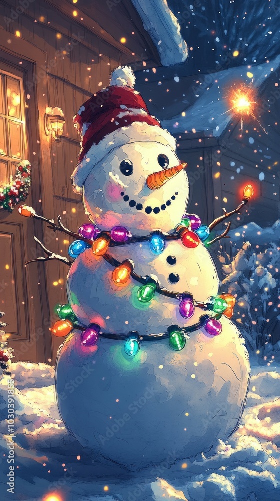 Wall mural Glowing Snowman, Christmas lights