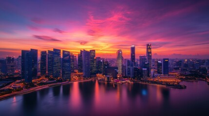 Obraz premium A breathtaking panoramic view of a modern city skyline at dusk, with the sun setting behind the skyscrapers and reflecting off the water in a vibrant array of colors.
