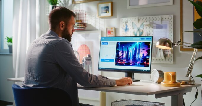 Adult man enters text prompt in artificial intelligence software on computer. AI image generator creates detailed photo of cyberpunk city. Advanced online text to image app. Futuristic generative art.