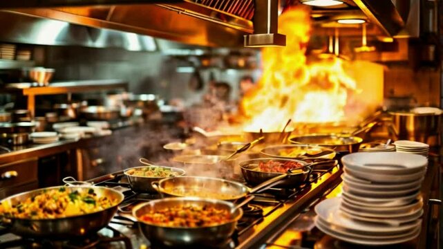 Kitchen of a modern restaurant. Cooking in the kitchen.