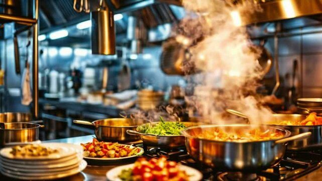 Kitchen of a modern restaurant. Cooking in the kitchen.
