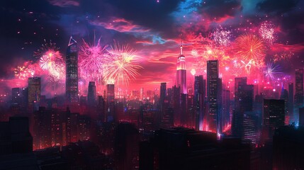 Obraz premium Vibrant Cityscape Fireworks Display on New Year's Eve