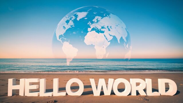 Hello world sign on tranquil beach with transparent earth globe overhead