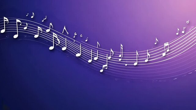 Musical notes flowing in a wave pattern on a staff against a purple background. Seamless looping 4k time-lapse video background.