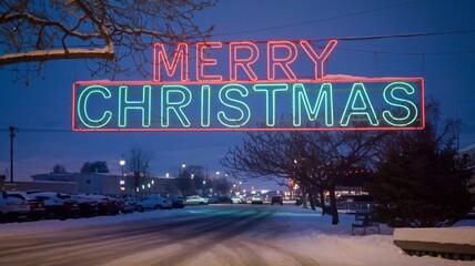 Bright Neon Merry Christmas Sign in Winter Scene