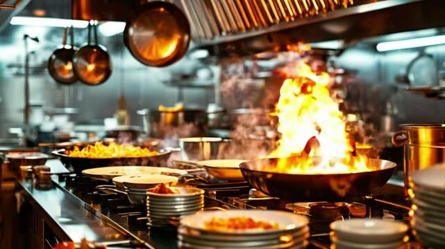 Kitchen of a modern restaurant. Cooking in the kitchen.