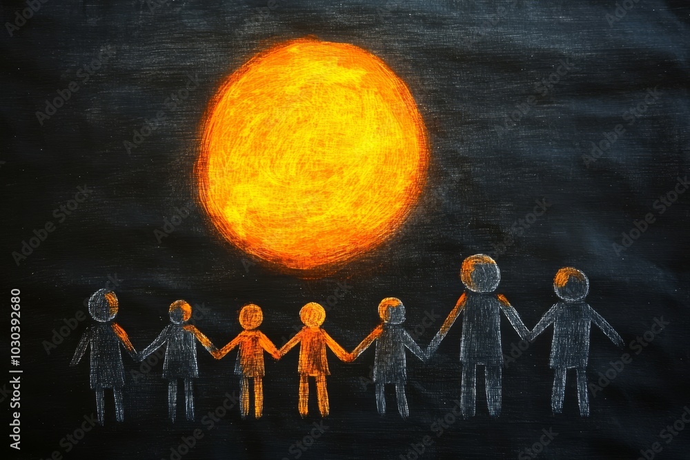 Poster group of people holding hands in a circle under the sun symbolizing unity teamwork and connection in