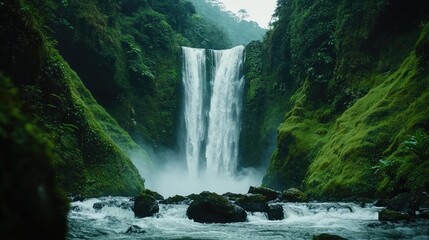 Fototapeta premium Majestic Waterfall Surrounded by Lush Mountains