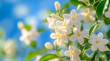 Obraz premium Delicate white jasmine flowers against a vibrant blue sky, captured in soft focus macro photography. The fresh, pure atmosphere embodies the beauty of spring blossoms.
