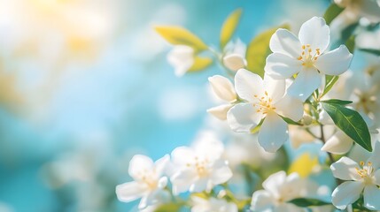 Fototapeta premium Delicate white jasmine flowers against a vibrant blue sky, captured in soft focus macro photography. The fresh, pure atmosphere embodies the beauty of spring blossoms.
