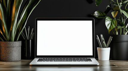 Laptop on table with blank screen mockup template for design