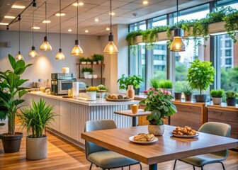 Immerse yourself in a soothing office cafeteria with a soft bokeh effect, fostering a peaceful environment ideal for relaxation and enhanced productivity while working.
