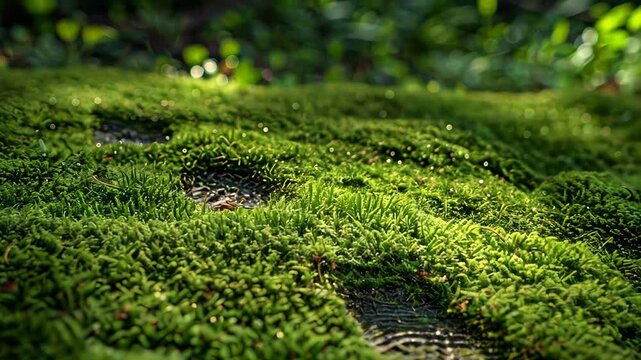 A patch of lush green moss grows in a forest, illuminated by the morning sun