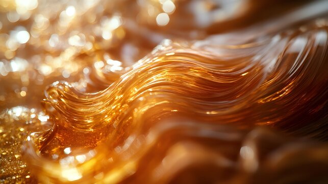 Time-lapse of honey being applied to curly hair, showing frizz reduction and curl definition, smooth texture forming over time, Natural Lighting, High Detail
