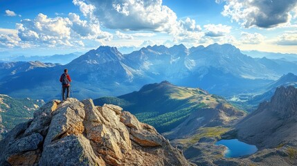 A peaceful mountain range, with a hiker reflecting on their mental health journey