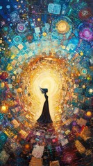 Obraz premium Mystical Vortex of Light and Color with a Silhouetted Woman