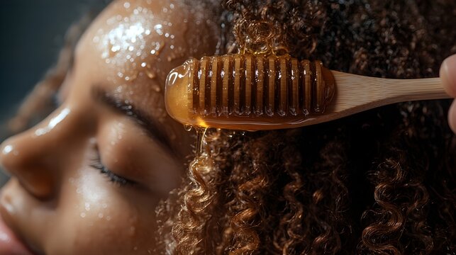 Time-lapse of honey being applied to curly hair, showing frizz reduction and curl definition, smooth texture forming over time, Natural Lighting, High Detail