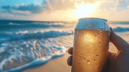 A frosty can of soda being held with condensation dripping down the sides, against a bright, beachside backdrop with soft sand and ocean waves in view.
