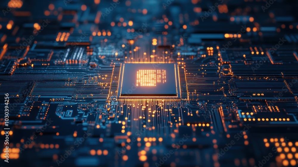 Poster illuminated microchip on a circuit board with orange glowing lines