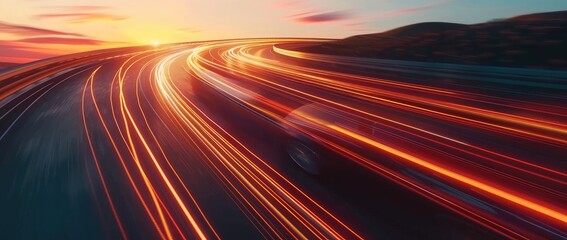 High-speed car on the highway with motion blur, speed lines and light trails. Abstract background of a curved road at sunset.