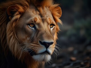 Majestic lion gazes intently as flames flicker in the background during sunset in the African savanna