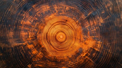 Top-Down View of Tree Trunk Cross-Section with Concentric Growth Rings in Orange and Brown Tones
