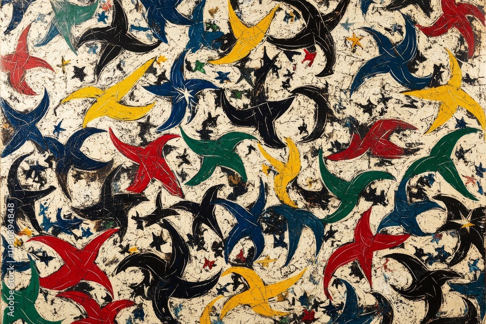 Aufkleber vibrant birds in a swirling abstract pattern showcasing movement freedom and energy in a colorful dy